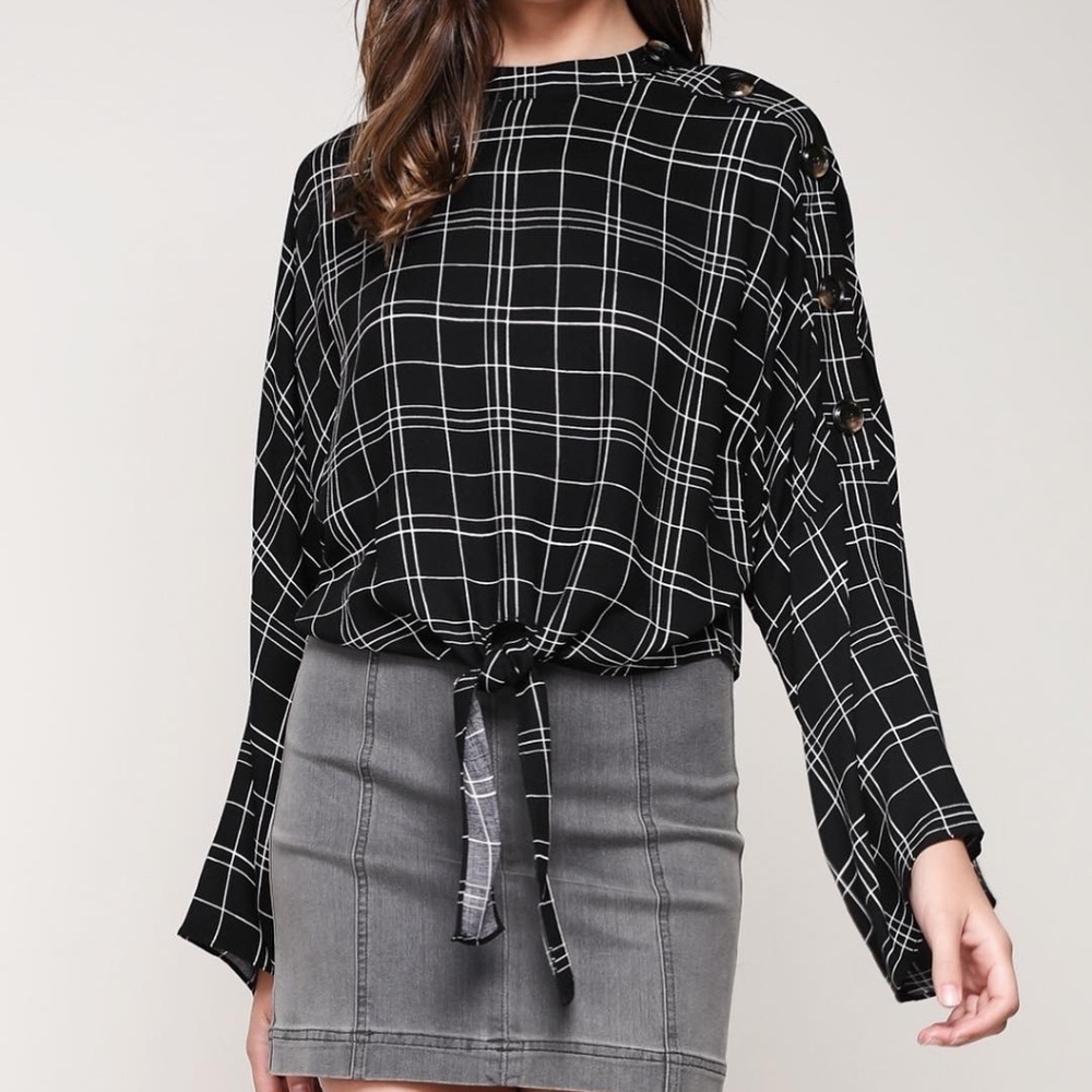 CLASSIC PLAID TIE CROP BUTTON BLOUSE - Picture 8 of 8